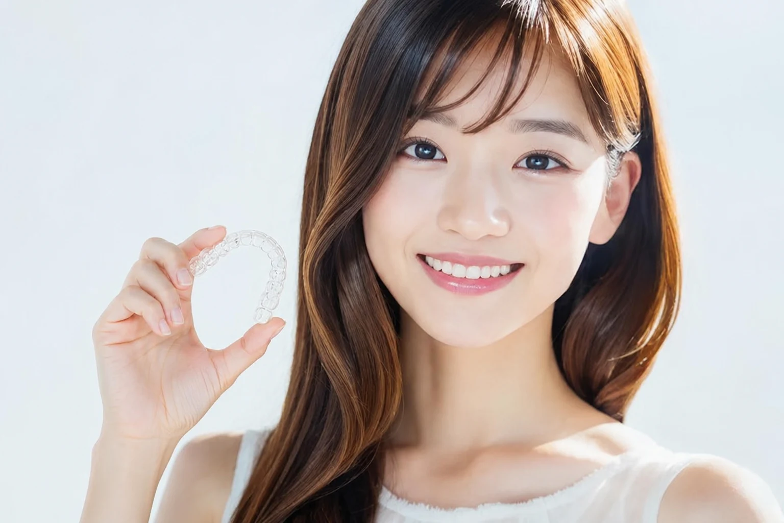 透明マウスピース矯正装置を持って微笑む女性